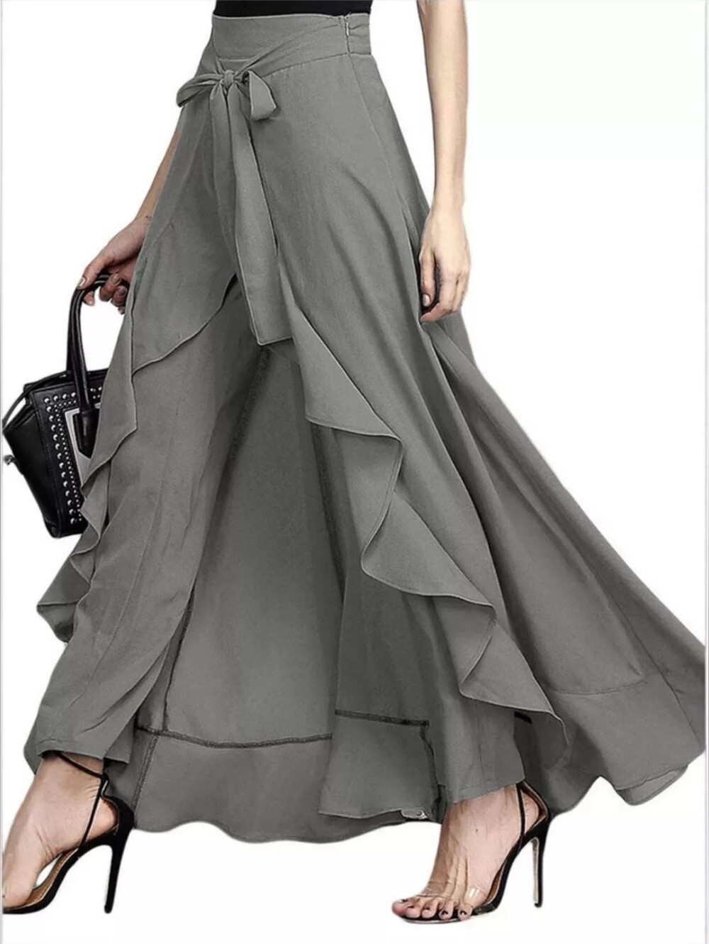 High-Waisted Tie-Front Ruffle Wide-Leg Pants